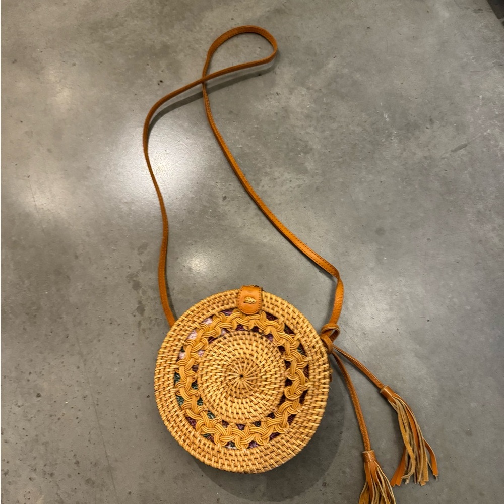 Amerii Round Rattan and Leather Crossbody Bag